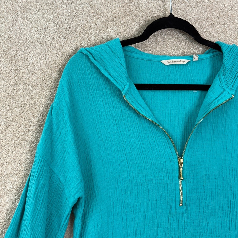 SOFT SURROUNDINGS Gauze Cotton Hoodie Women's Medium Teal Blue Half Zip Pullover - Picture 3 of 7